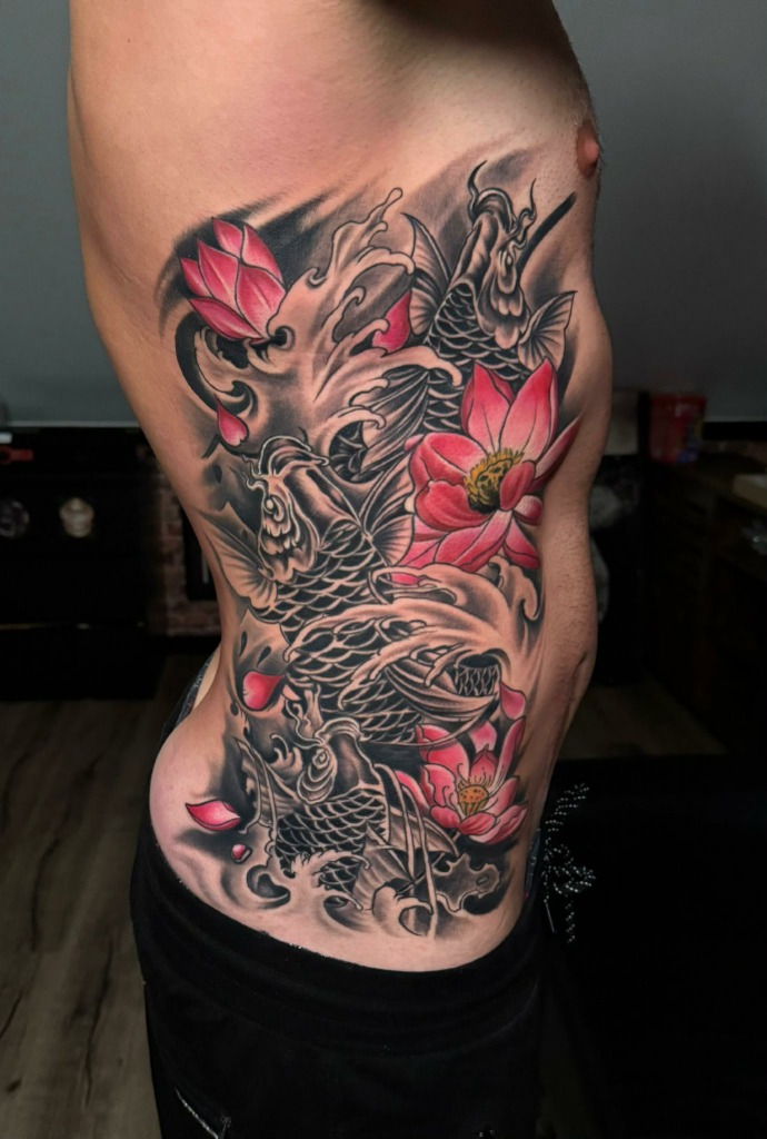 Japanese Koi Fish Pink Lotus Flowers Rib Tattoo