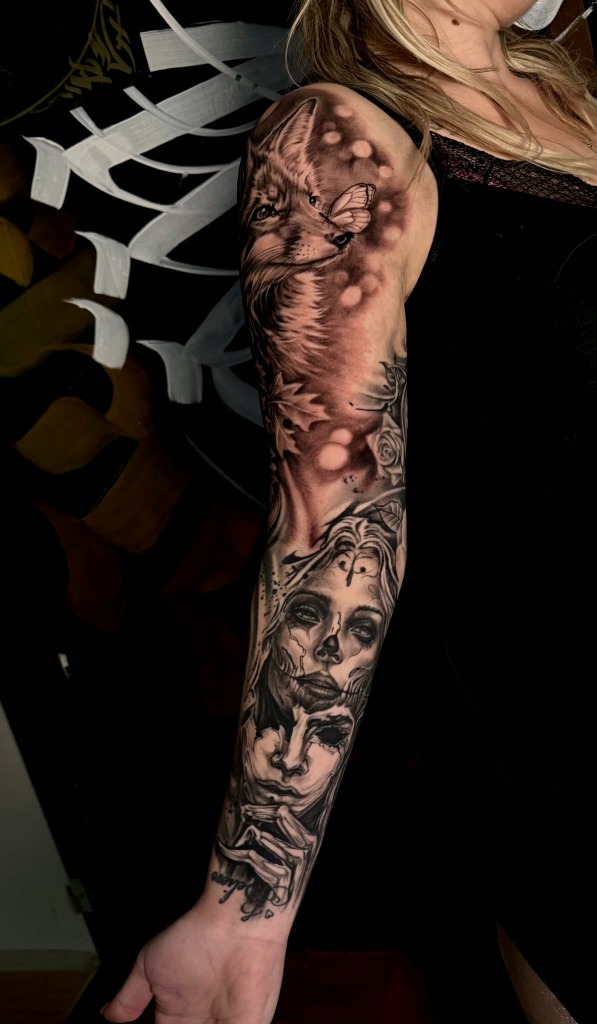 Full Sleeve Wolf Butterfly Woman Skull Mask Tattoo