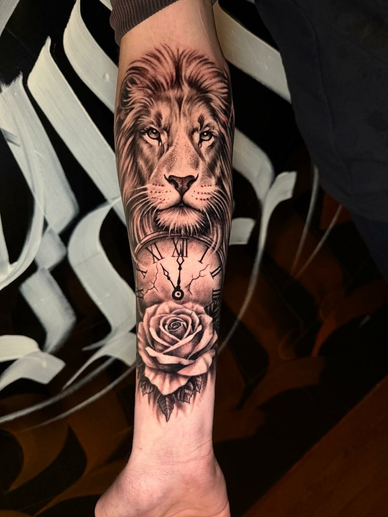 Forearm Sleeve Lion Clock Rose Tattoo Realism
