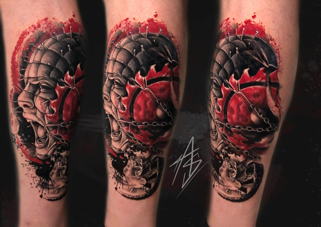 Hellraiser Pinhead Lower Leg Sleeve Tattoo Red Blackwork