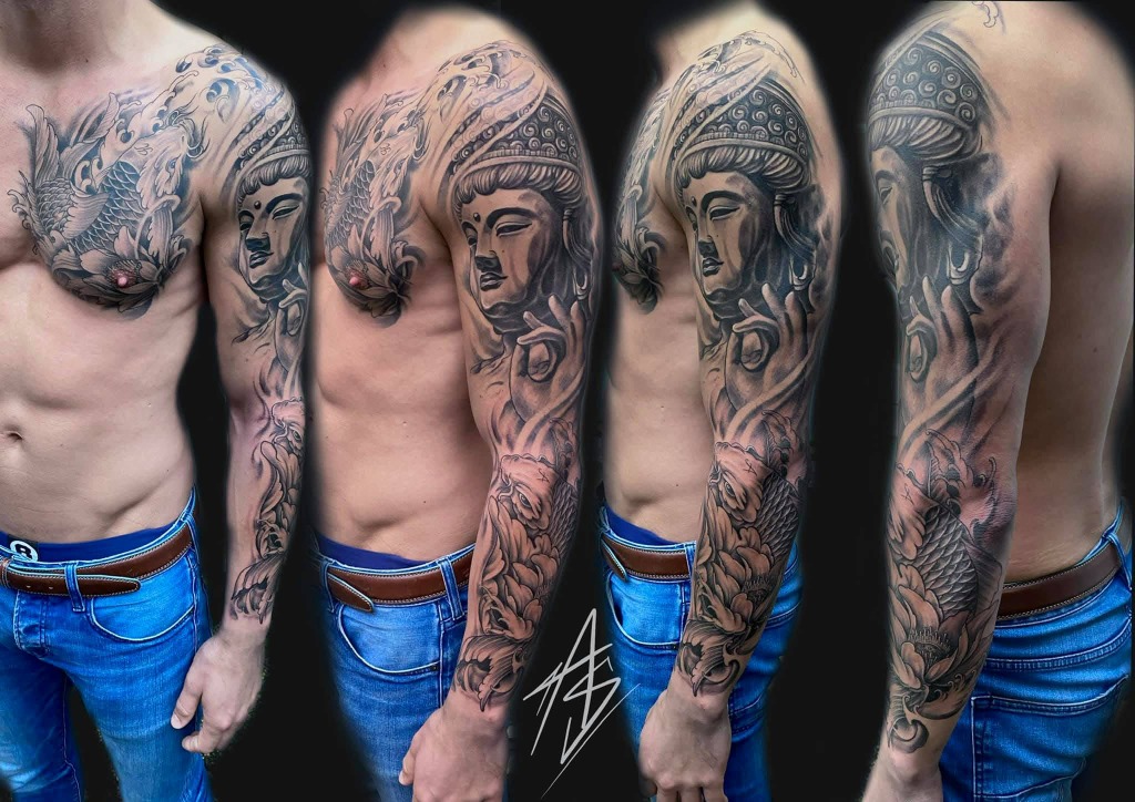 Buddha and Koi Fish Japanese Full Sleeve Tattoo