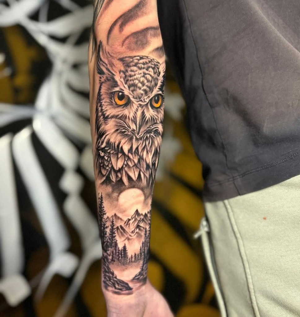 Forearm Owl Forest Mountains Landscape Tattoo